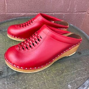 Troentorp Red Leather Swedish Wooden Clogs Size 40